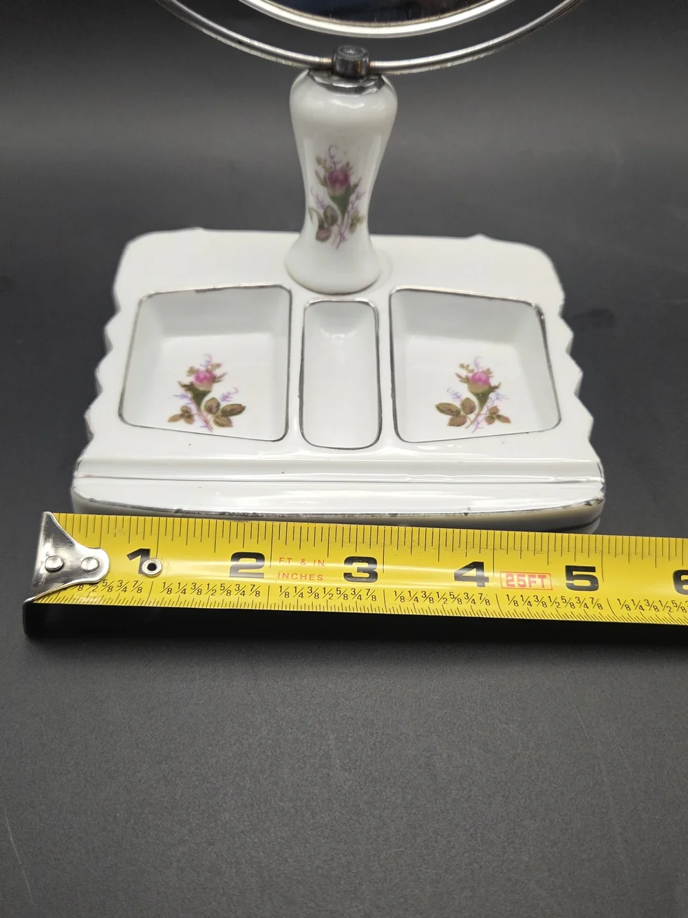 Vintage Porcelain Swivel Vanity Mirror with Floral Divided Trinket Tray